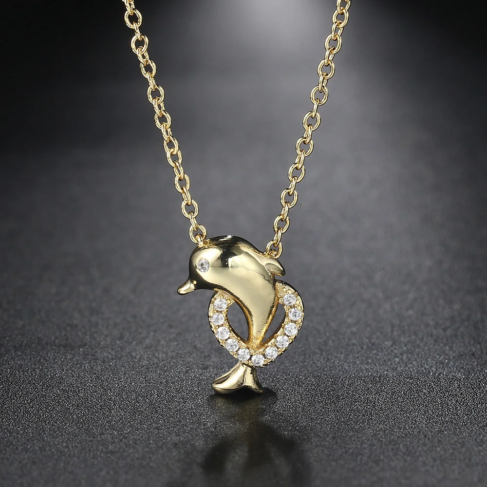 Kawaii Dolphin Necklace for Women Cute Pendant Gold Color Heart Cubic Zirconia Choker Chains on Neck Fashion Jewelry Gifts N148