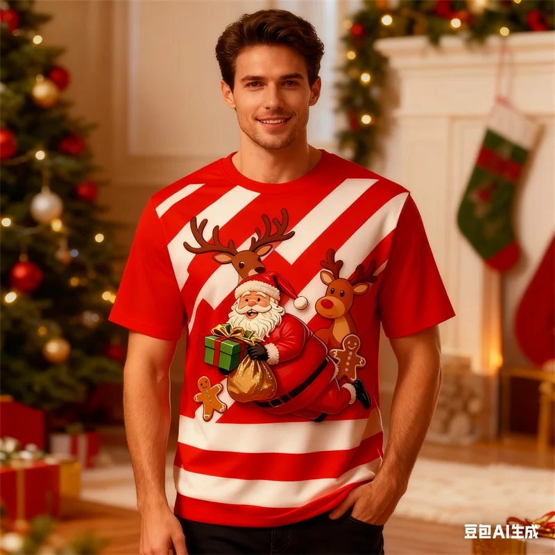 

Cartoon Santa Claus Print Men's T-shirt Funny Christmas Elk Pattern Casual Crew Neck Short Sleeve Tops X'mas New Year Party Tees