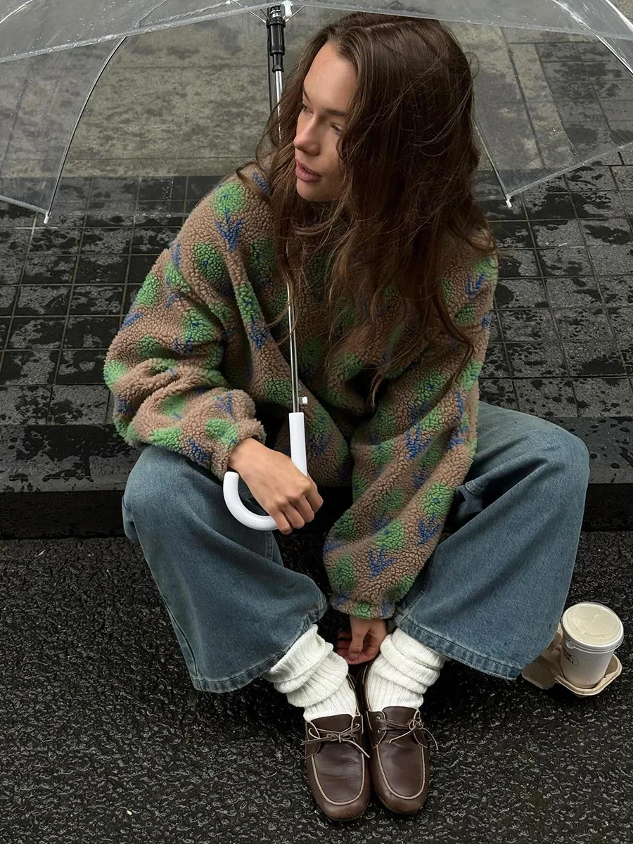 Wolfeel-Sudadera de lana Jacquard para mujer, sudadera holgada con media cremallera, sudadera de cuello alto, otoño e invierno