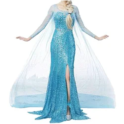 Frozen Elsa Princess Long Dress Sequin Mesh Elsa Costume Adult Snow Queen Costume Party Dress Halloween Carnival Cosplay Costume