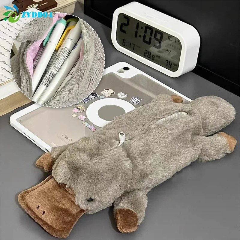 ●1Pcs Cute Platypus Pencil Case Cosmetic Bag Plush Pen Pouch Large Capacity Storage Bag School Supplies Stationery Box