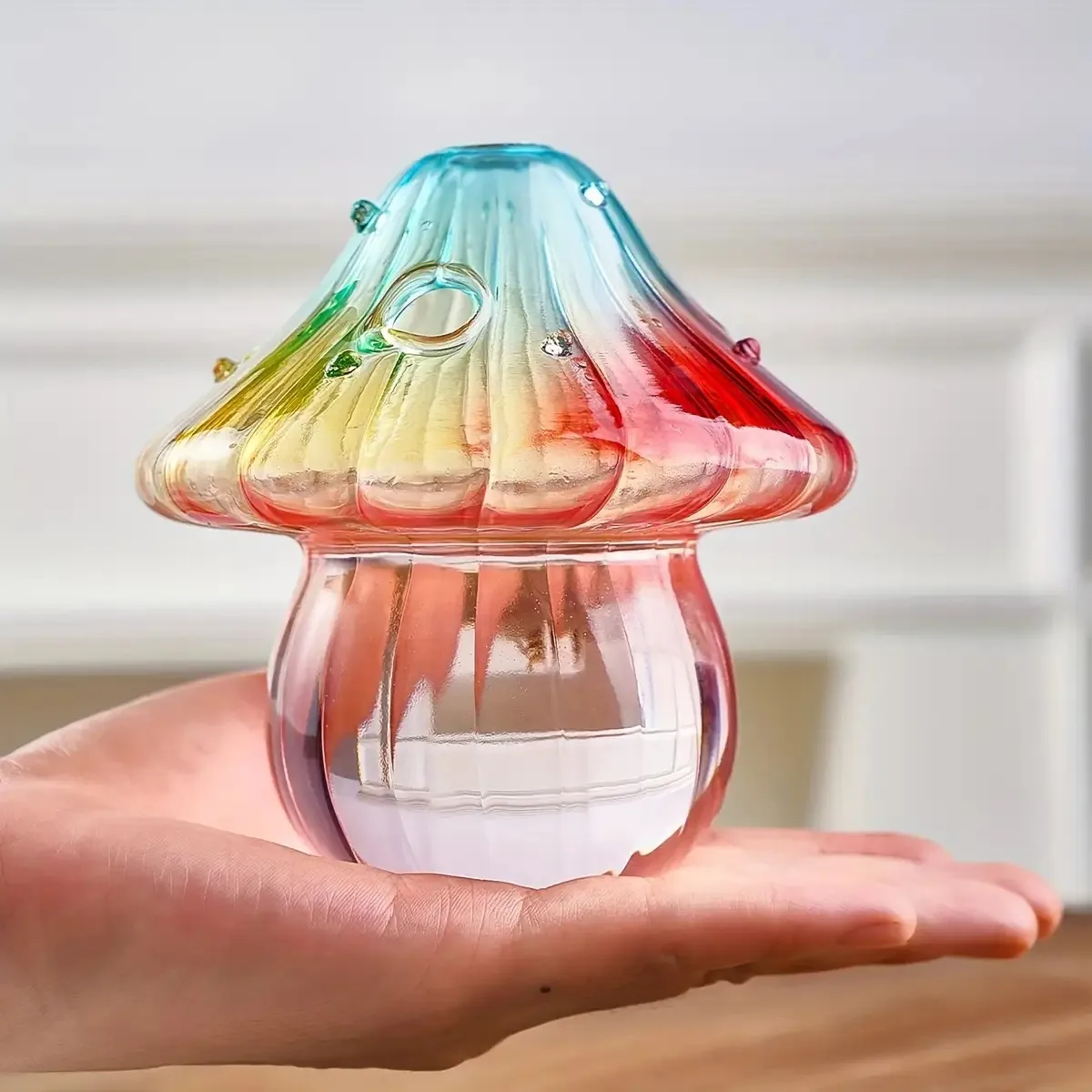 Boho Glass Mushroom Vase - Handcrafted Hydroponic Cylinder Planter for Living & Dining Room, Battery-Free Coffee Shop Decor