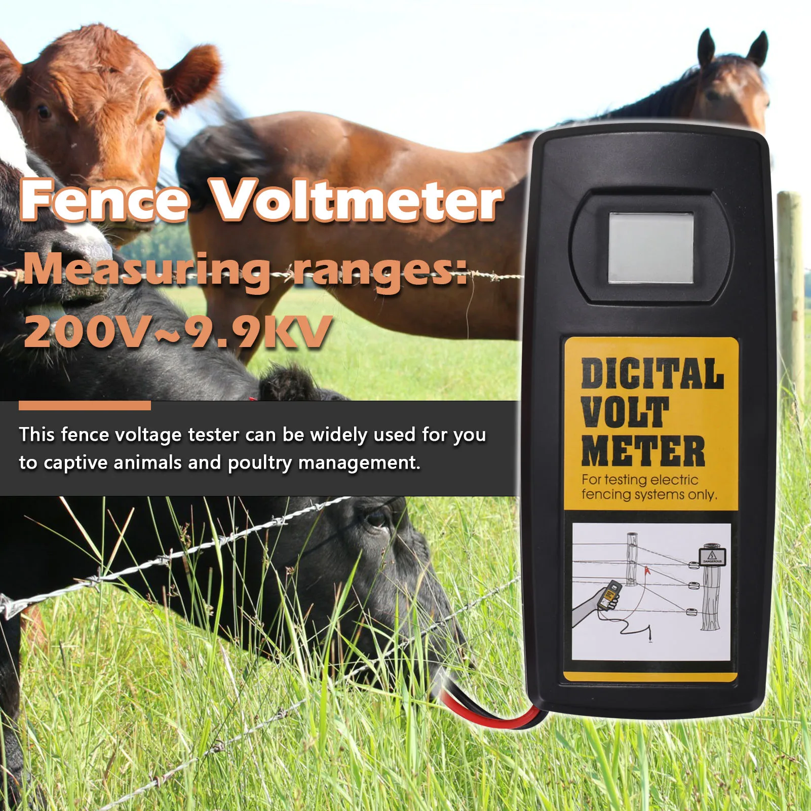 9.9KV Digital Fence Tester Home Garden Horse Livestock Electric Fence Voltmeter LCD Display with Backlight