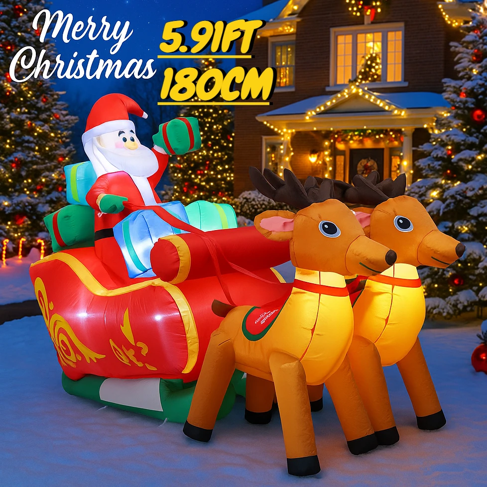 

5.91FT Inflatable Toy Santa Claus Sleigh Reindeer Christmas Yard Decoration LED Lit Xmas Supplies Home Ornament Festive Gift