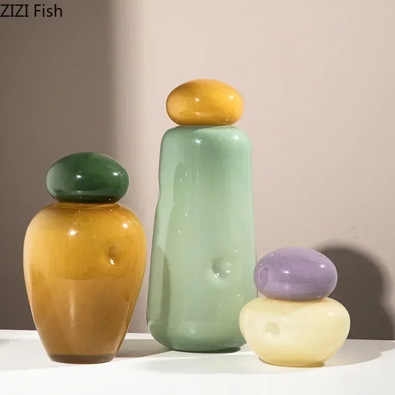 

Elliptical Colored Stone Glass Vase with Cover Desk Decoration Flower Arrangement Flower Pots Floral Vases Room Aesthetic Decor