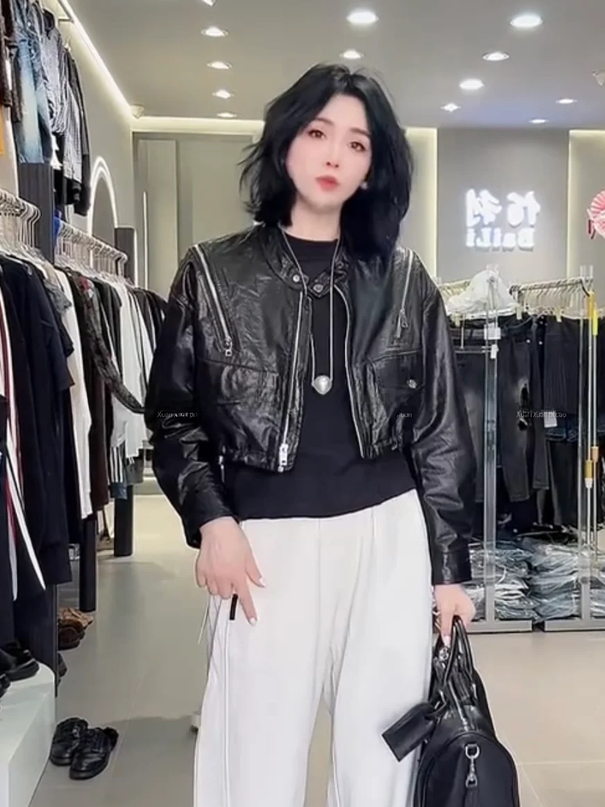 

2025 New Women's Genuine Leather Jaet eepskin Coat Casual Loose Slimming Versatile ort Zipper Sle Commute Wind