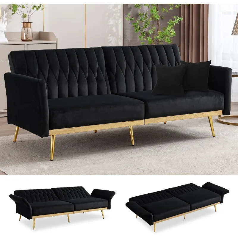 

Convertible Futon Sofa Bed with Golden Legs, 70" Tufted Velvet Couch with Adjustable Armrests& Backrest, Sleeper sofa