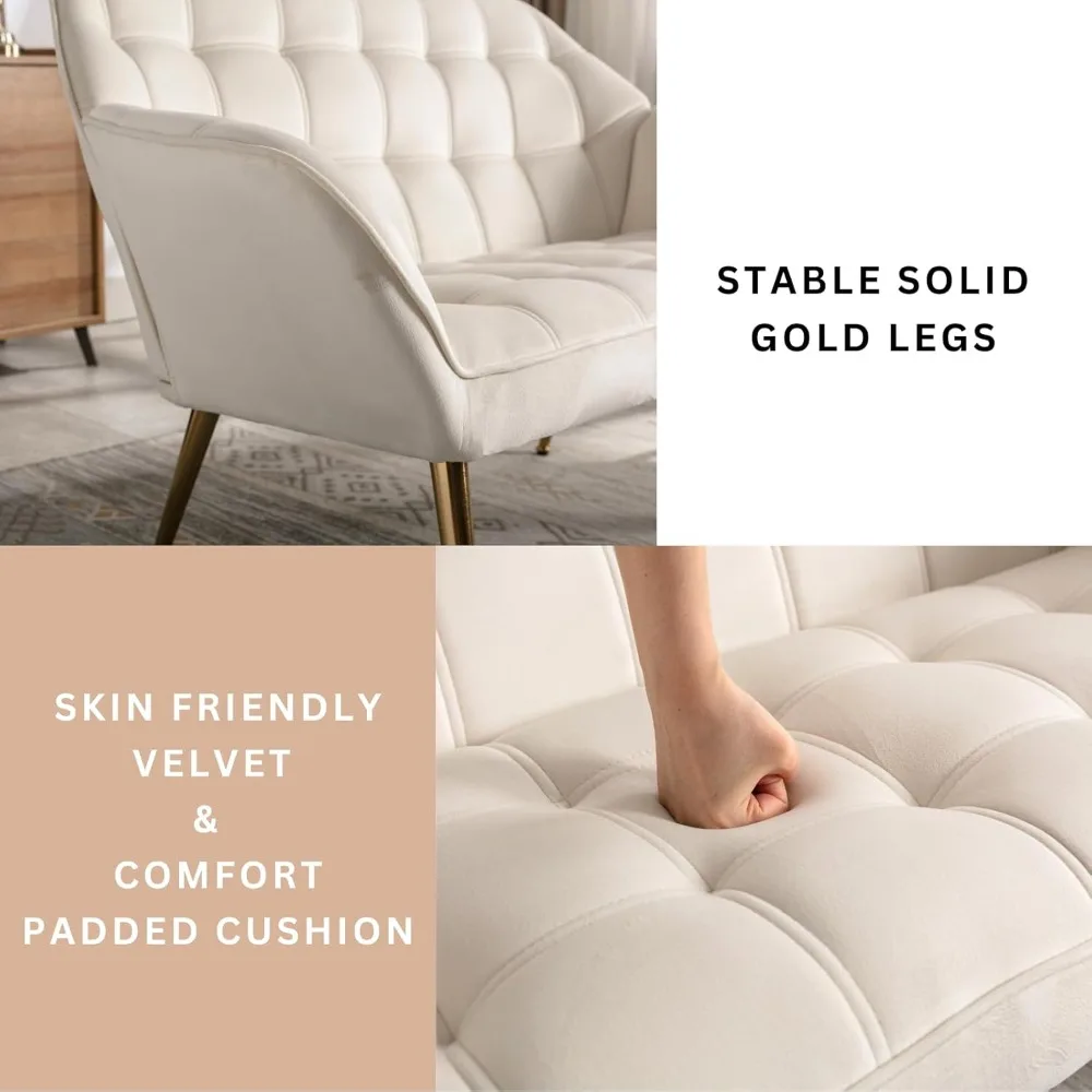 Sofa dwuosobowa w stylu mid-century modern, aksamitna, z pikowanym oparciem typu wingback i złotymi nogami.