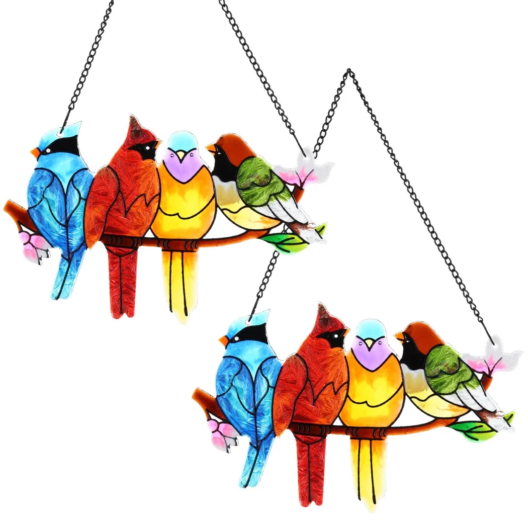 2Pcs Stained Glass Window Hangings Multi-Color 4-Bird Hanging Decor Double-Sided Hummingbird Window Panel Hanging Decoration