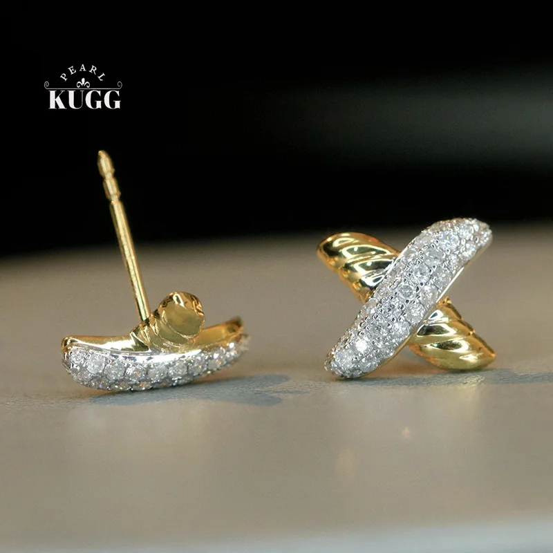 

KUGG серьги из 100% белого + желтого золота 18 карат, модные серьги-гвоздики в форме креста 0,40 карата с настоящими натуральными бриллиантами для женщин, изящные ювелирные изделия