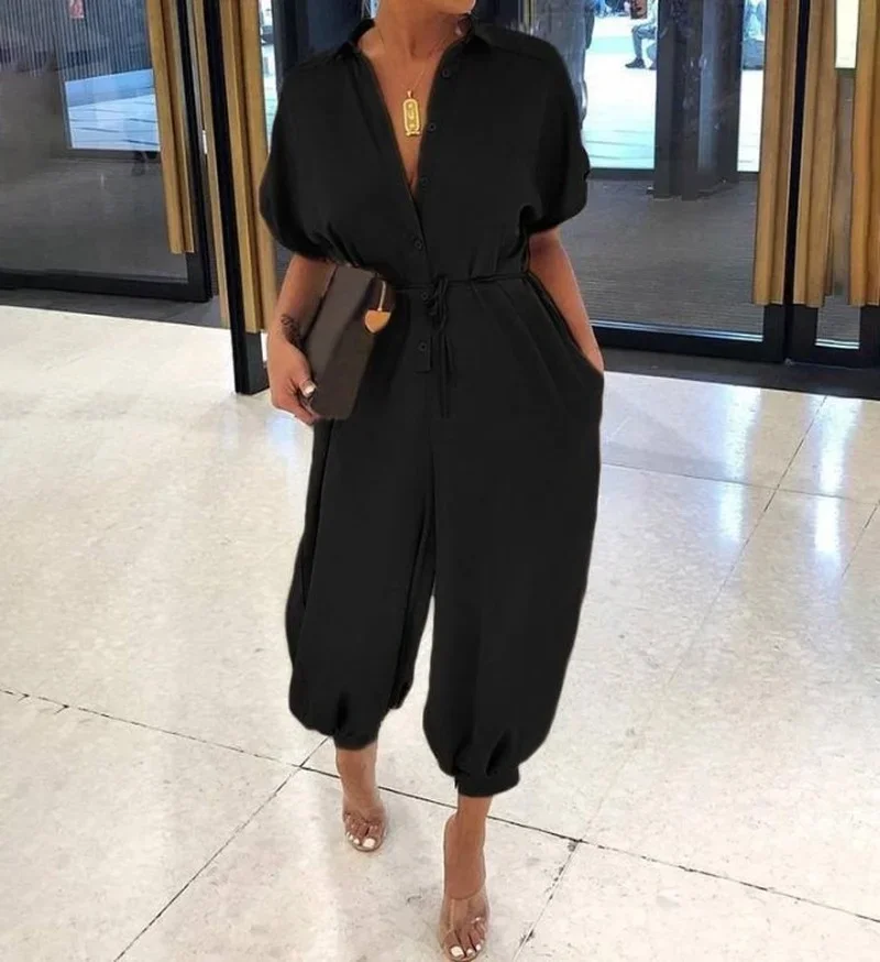 2023 Summer Casual Fashion Leopard Cow Polka Dot V-neck Jumpsuits Women Sashes Pockets Buttons Vintage Rompers One Piece Outfit