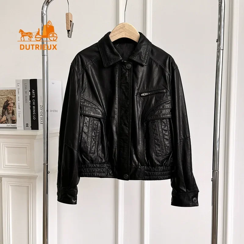 Autumn and Winter Women\'s Real Leather Motorcycle Jacket Small Size Loose Fashion Retro Black Leather Short Coat Jacket Commuter