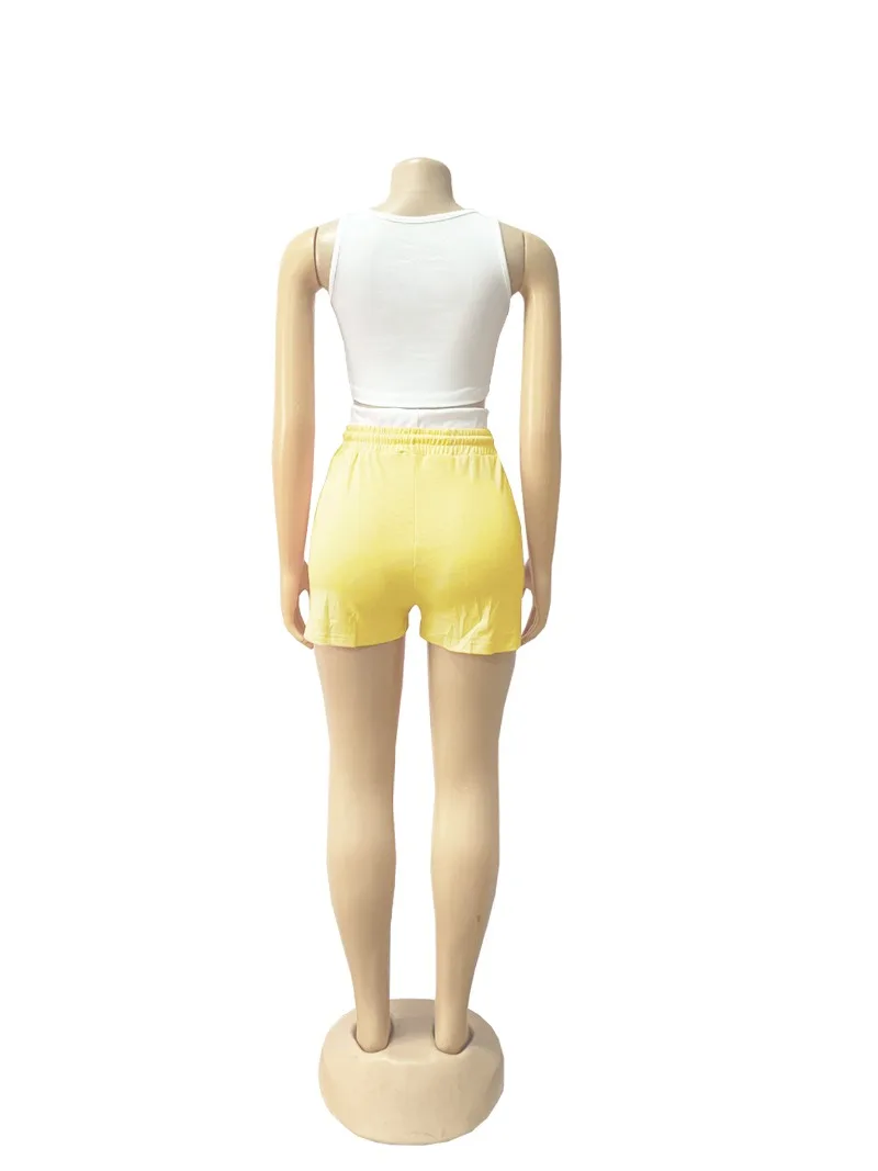 Letter Print Label Summer Tracksuits Women Casual 2 Piece Set Ribbed Tank Crop Tops + Patchwork Drawstring Shorts Fashion Suits