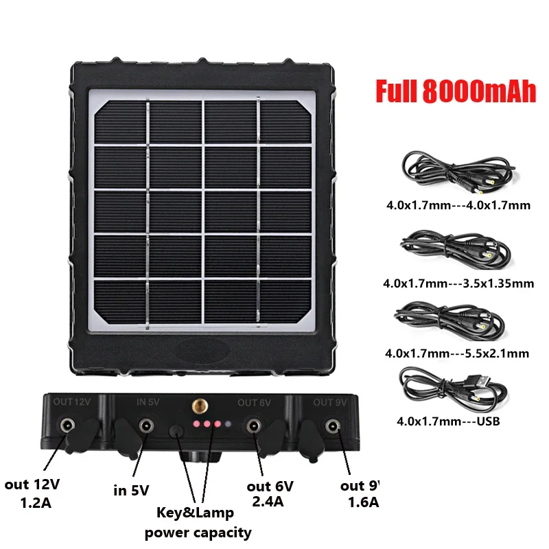 BL8000 Solar Panel 12V/9V/6V Output IP66 Waterproof, LED Indicator, and Tree/Tripod Mount  3W Solar Panel with 8000mAh Battery