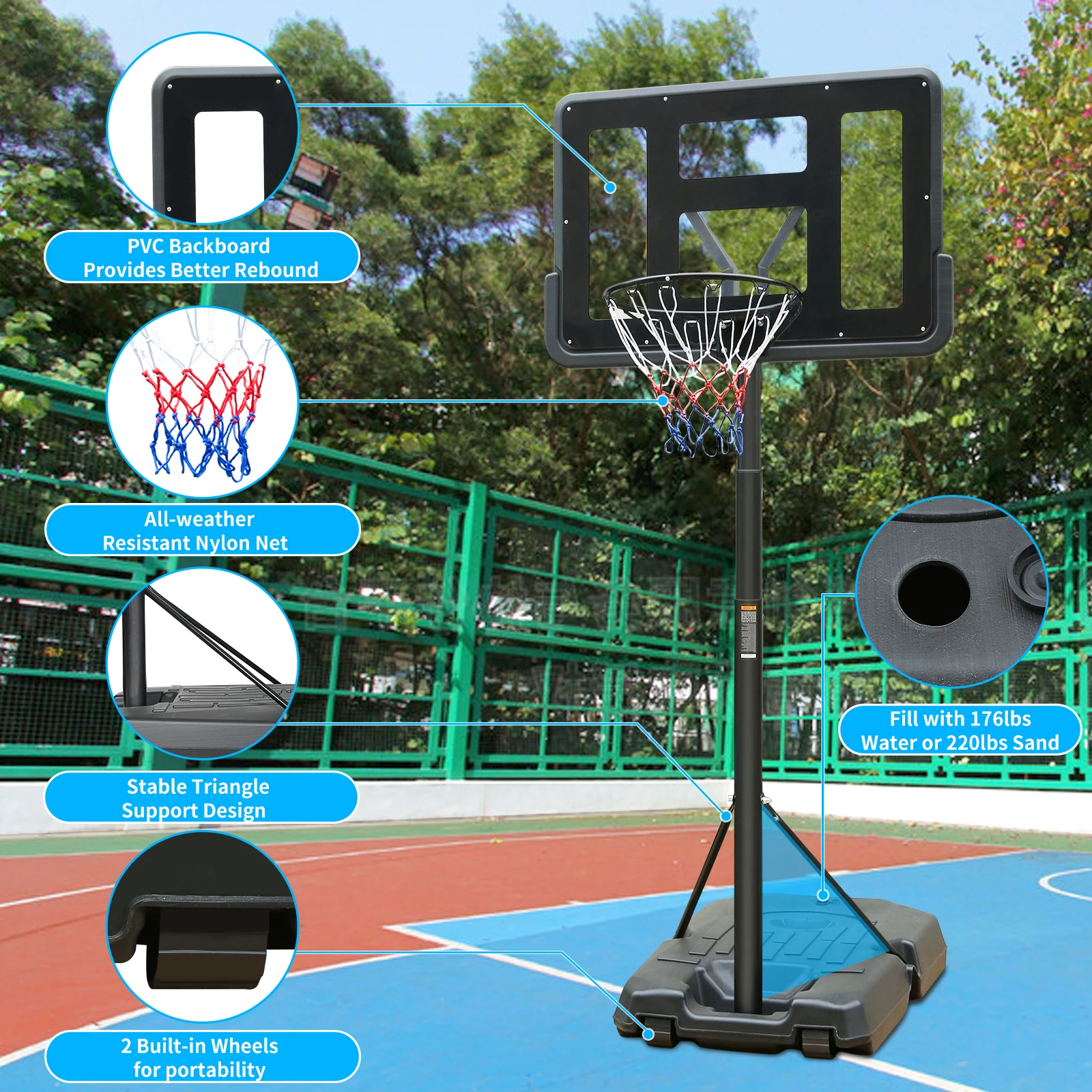 Portable Basketball Hoop Height Adjustable basketball hoop stand 6.6ft - 10ft with 44 Inch Backboard and Wheels for Adults Teens