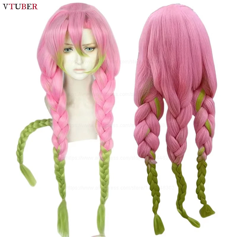 2 Styles Kanroji Mitsuri Cosplay Wig Anime Mitsuri Kanroji Long Green Pink Braids Heat Resistant Synthetic Hair Wigs + Wig Cap