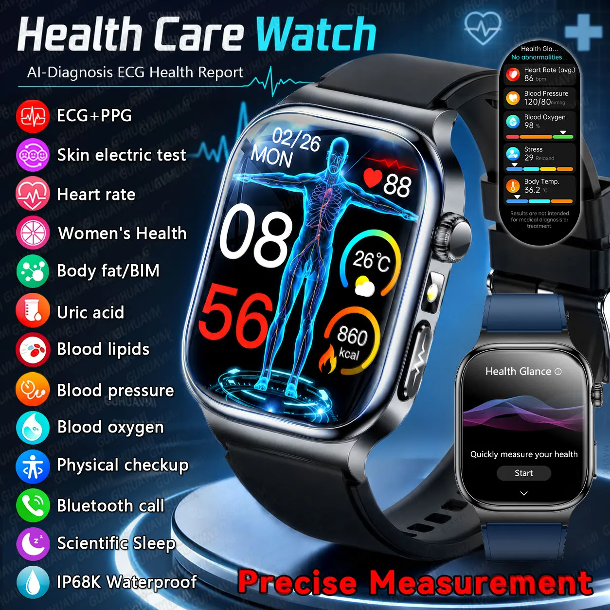 2026 New Health Nuring Accurate Detection ECG Smart Watch Blood Pressure Lipids Uric Acid physical Analysis Bluetooth Call Clock
