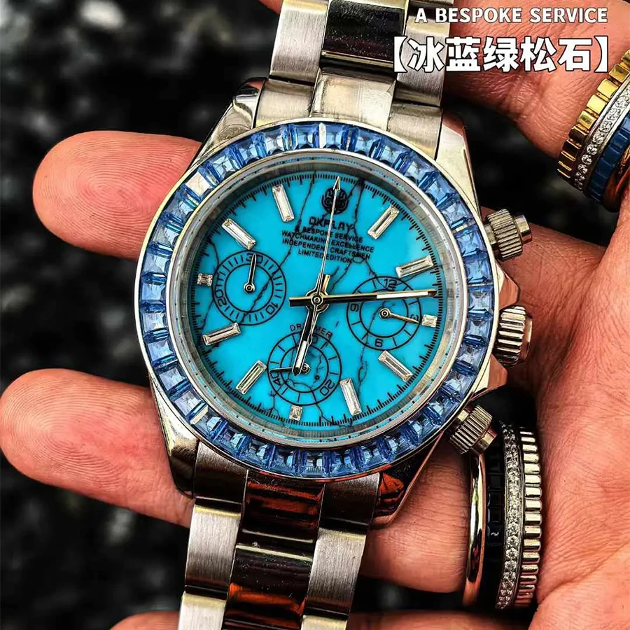 OKPLAY Men Chronograph Watch 39.5mm Customized Modified Quartz Wristwatch Sapphire 100m Waterproof Triple Windows Turquoise Dial