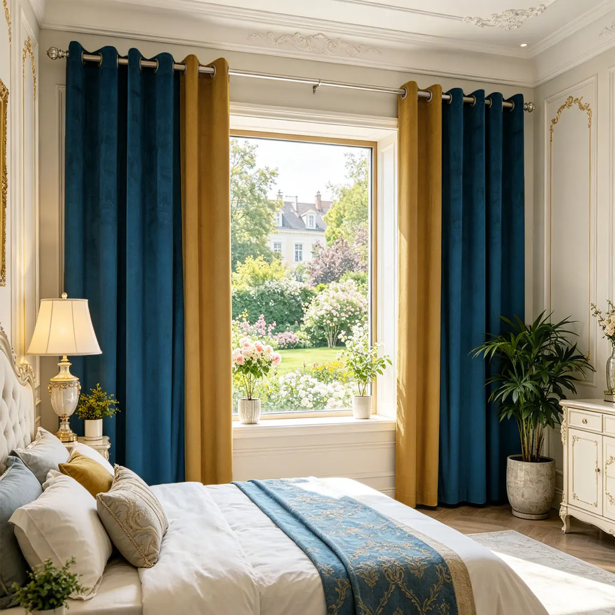2 Panels Color Block Grommet Velvet Blackout Curtains, Dual Color Spliced Thermal Privacy Window Drapes, Luxury Decor Curtain for Bedroom Living Room Home Decor