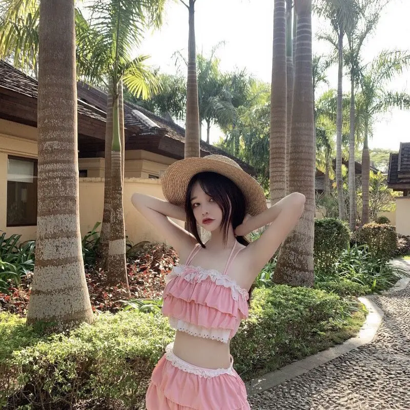 Sweet Kawaii Japanese Unique 2 Piece Swimwear Set Women Lace Ruffle Spaghetti Strap Crop Top Skirt Slim Fit Vacation Outfit 2026 view 6