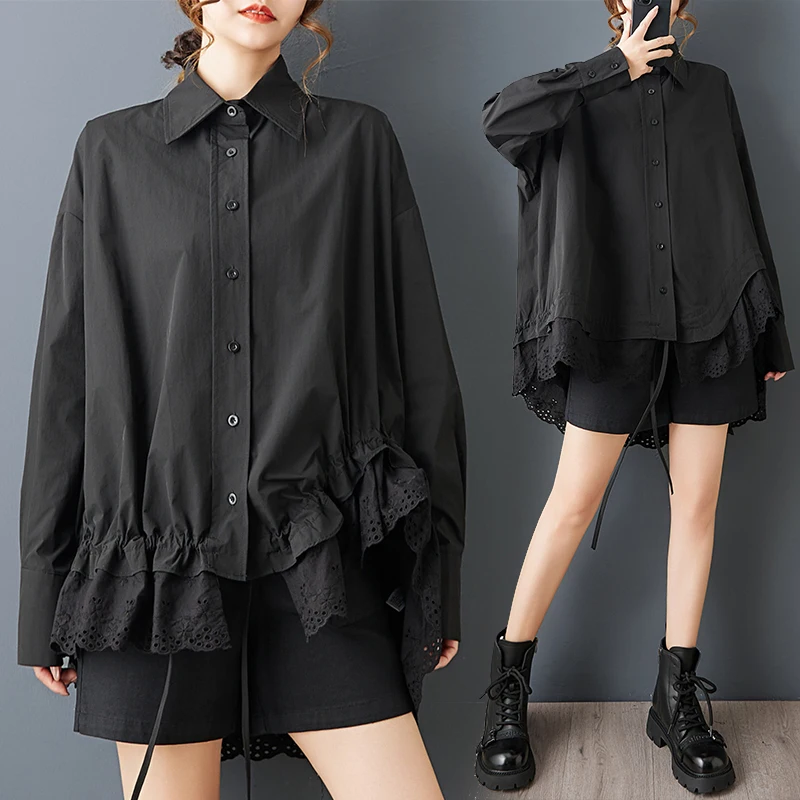 

Spring New Loose Dark Style Design Sense Lace Trim Irregular Splicing Versatile Women's Shirt Top Polyester Fiber Spring Season