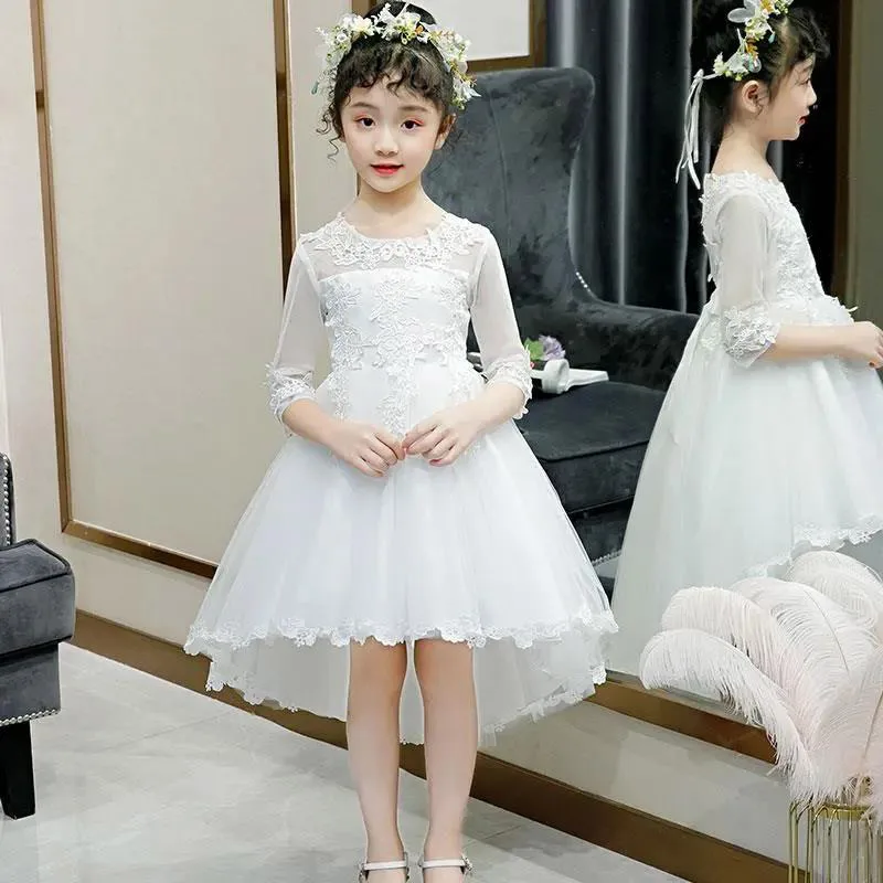 Girl\'s Princess Dress Tail Dress Children\'s White Gauze Dress Host Piano Performance Dress Flower Girl Wedding Little Girl