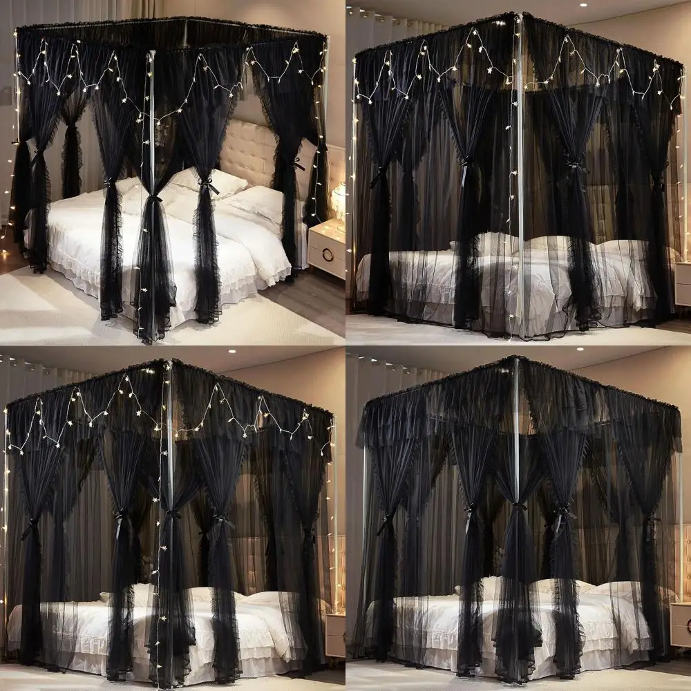 8-Panel Princess Canopy Curtains for Girls' Bed - Double Layer Mesh Drapes, Full Size (Black)