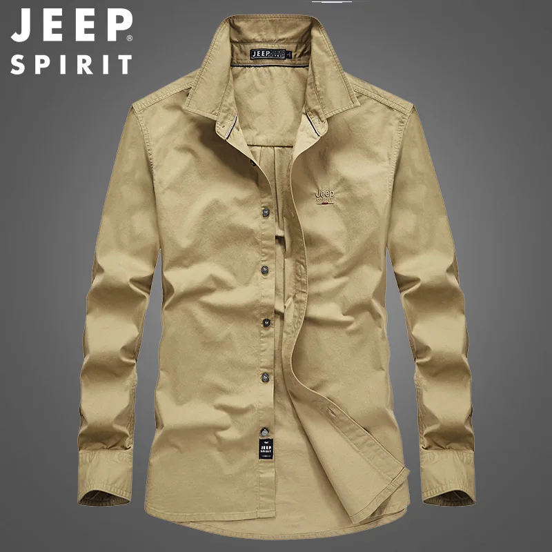 JEEP SPIRIT men solid color simple long-sleeved shirt spring autumn fashion loose all-match cardigan casual military style top