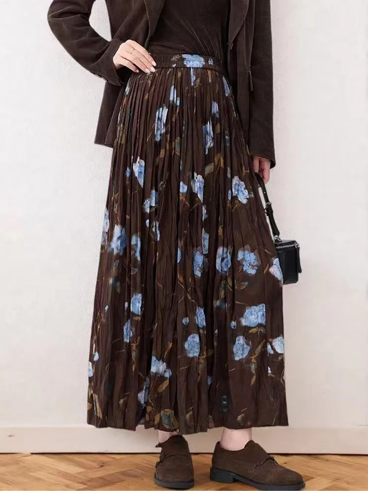 

Retro Floral Print Folds Skirts for Women Y2K Autumn High Waist Streetwear Loose Midi Skirts Korean Chic All Match A Line Skirts