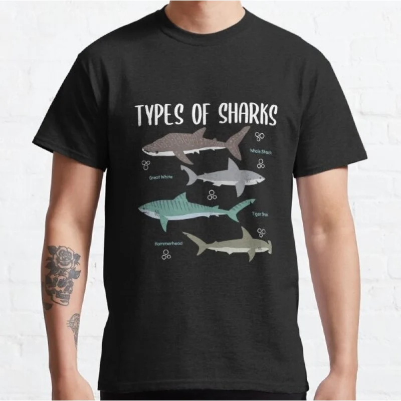 

0530 Types Of Sharks Gift for Shark Lover Short Sleeve t shirt Vintage Graphic Tee 100% cotton printed clothes All size Tops