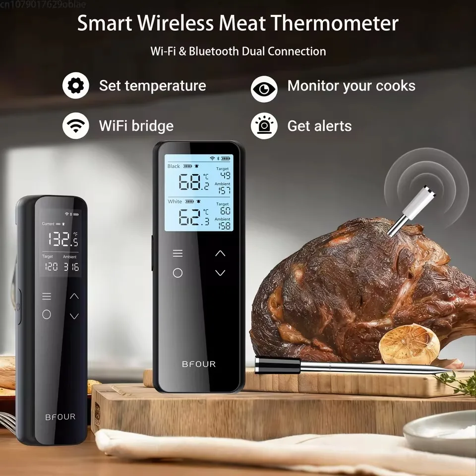 WiFi Unlimited Range Meat Thermometer Wireless Bluetooth Probe Rechargeable Support APP Alarm Reminder for BBQ, Oven, Air Fryer