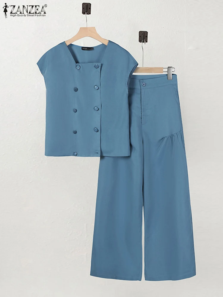 ZANZEA Women Elegant 2PCS Wide Leg Trousers Suits Summer Casual Commute Tracksuit Fashion Short Sleeve Blouse Solid Pants Sets