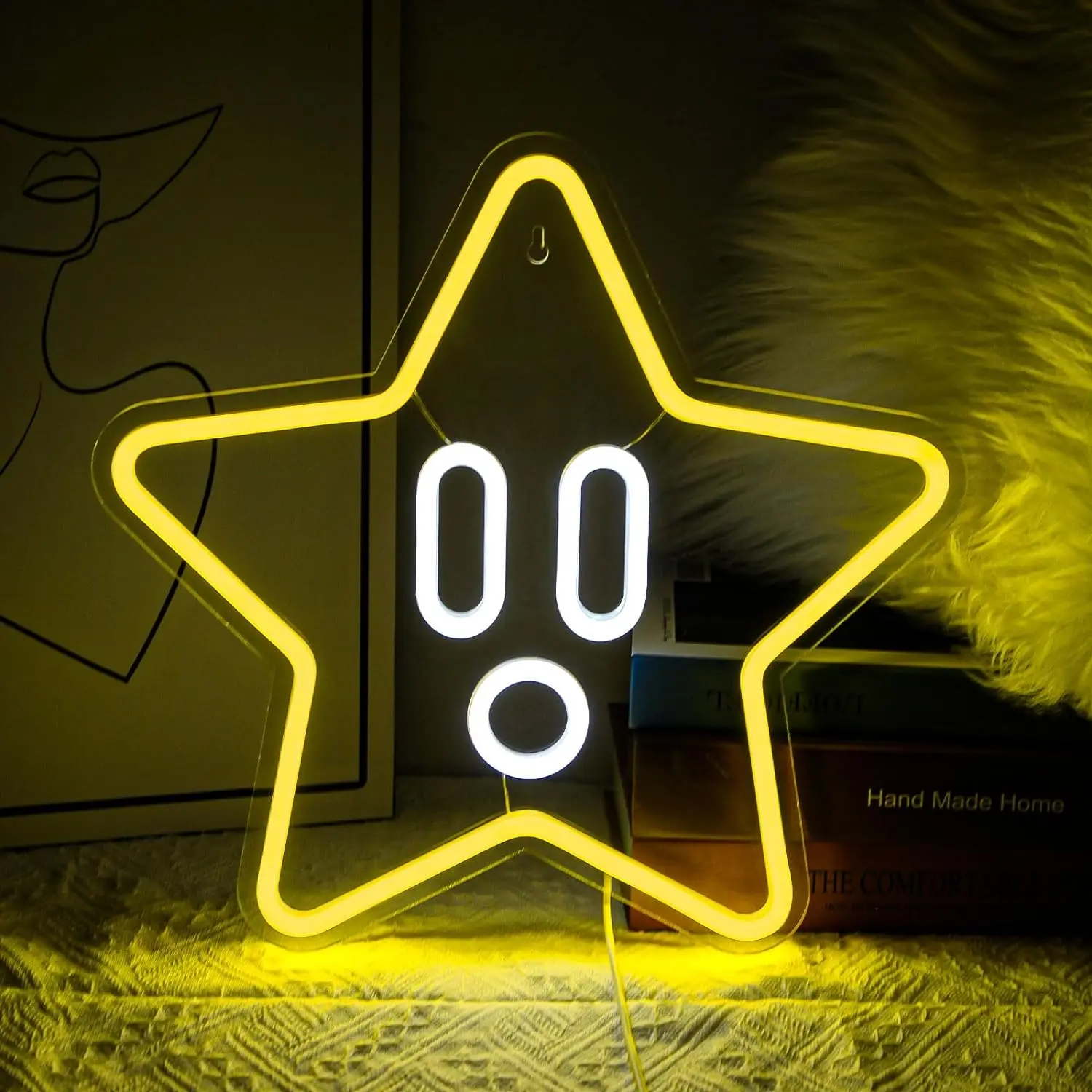 Star Neon Sign LED Wall Art USB Powered Acrylic Cute Face Glow Lamp Kids Bedroom Game Room Decor Birthday Party Hanging Light