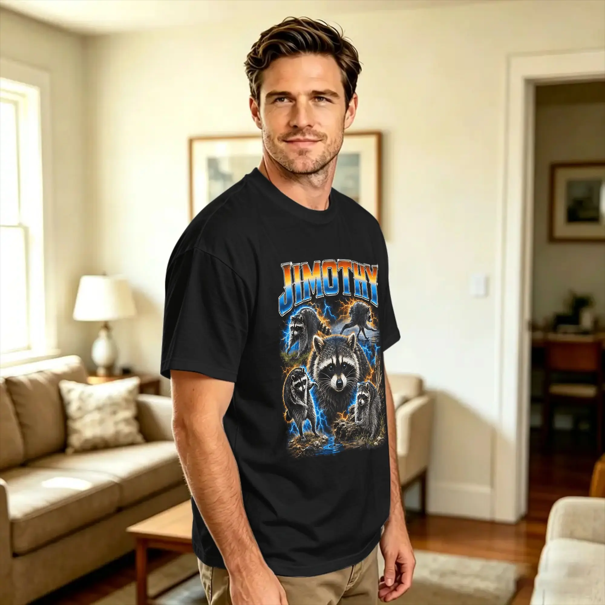Jimothy Seattle Raccoon Retro Collage T-Shirt Mens  Vintage T-Shirts Summer Round Neck Trendy Cool Tees Print Big Size Clothes