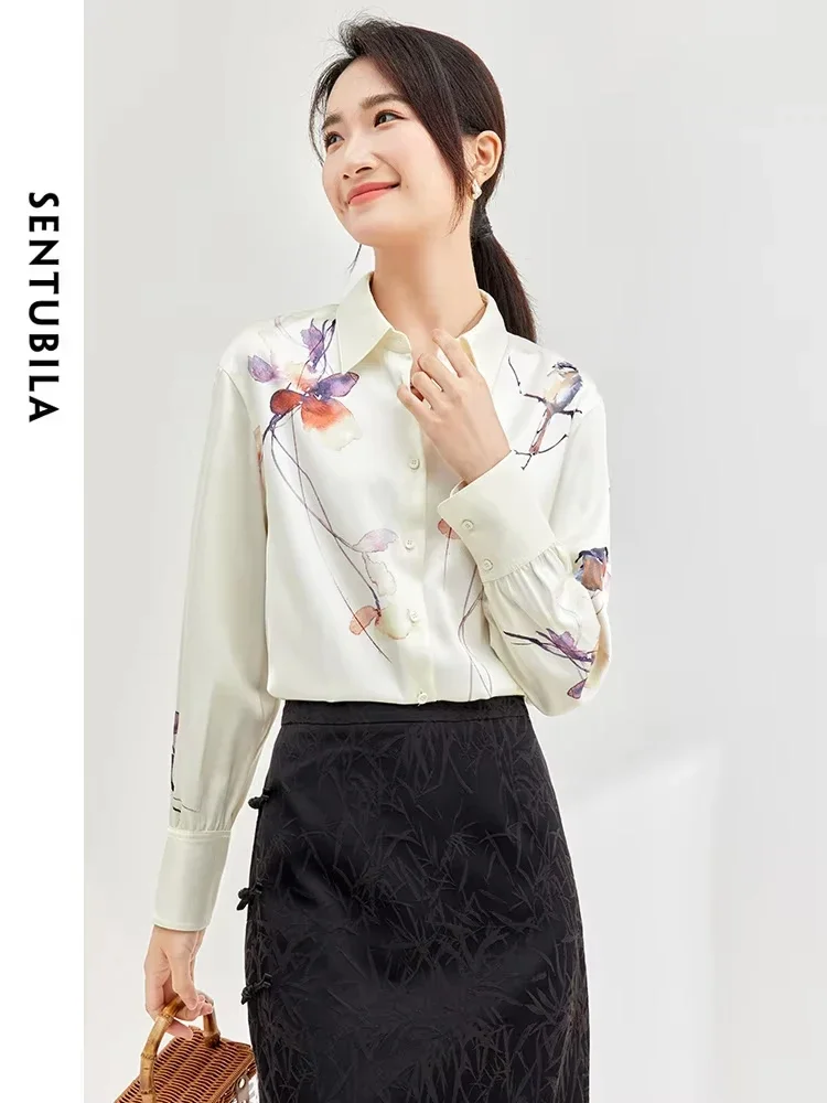 SENTUBILA Satin Blouse Women High Quality Button Up Loose Long Sleeve Shirt Polo Neck Chinese Style Print Spring Tops 133C51149