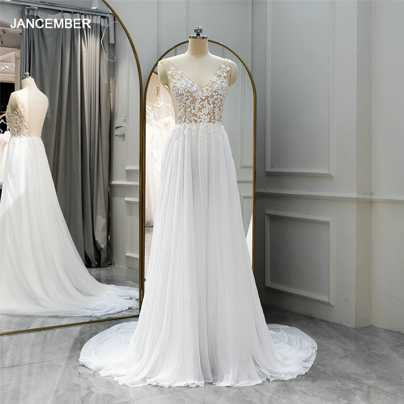 Romantic International A-line Wedding Gown For Bride 2024 Lace Organza V-neck Wedding DressZipper Robe De Mariée QW01922