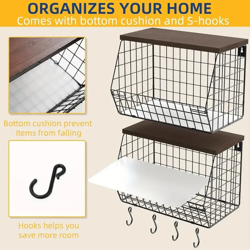 Fruit Basket Onion Storage Wire Baskets with Wood Lid Multifunctional Stackable Wall Mounted Countertop Tiered Kitchen