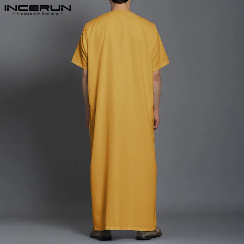 INCERUN 2024 Man Vintage Solid Color Muslim Kaftan Long Shirts Jubba Thobe Fashion Long Robes Short Sleeve Round Neck Robe S-5XL