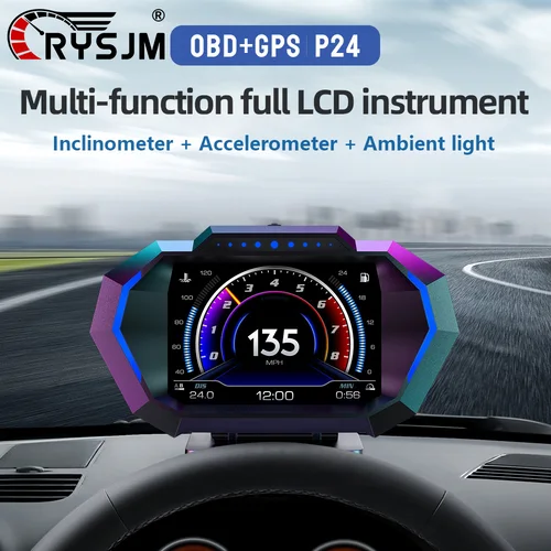 RYSJM P24 OBD + GPS HUD pantalla frontal de coche velocímetro temperatura del agua nivel de combustible prensa de aceite consumo medidor de pendiente accesorios de coche