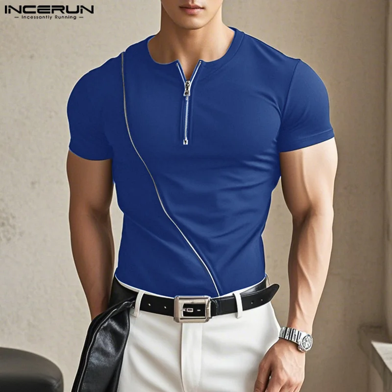 

INCERUN 2025 Handsome Men's Tops Solid Color Half Zipper Design T-shirts Summer Casual Well Fitting Male Short Sleeved Camiseta