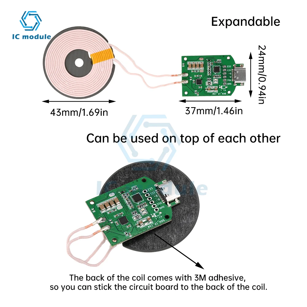 15W High Power Wireless Charging Transmitter Universal Module DC5V/9V/12V Input Type-C Interface