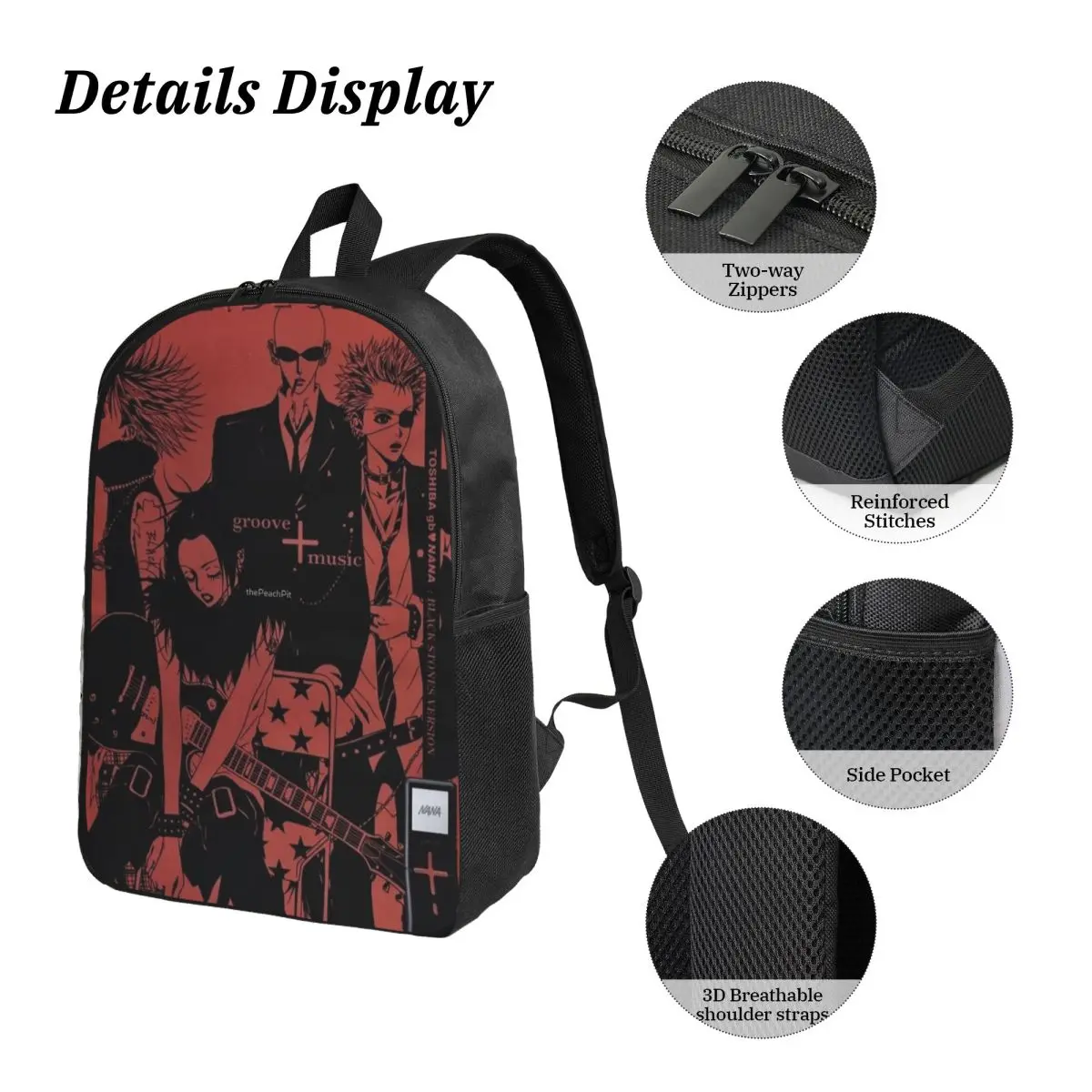 3Pcs Nana The Black Stones Band Backpack Set for Children Pen Bags Bookbag Sets with Lunch Box For School Students Knapsack