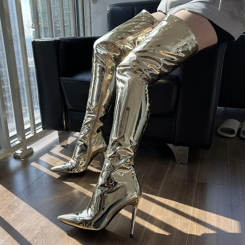 

Ronticool New Handmade Women Thigh Boots Patent Side Zipper Unisex Sexy Stiletto Heel Pointed Toe Gold Club Shoes Us Size 5-15
