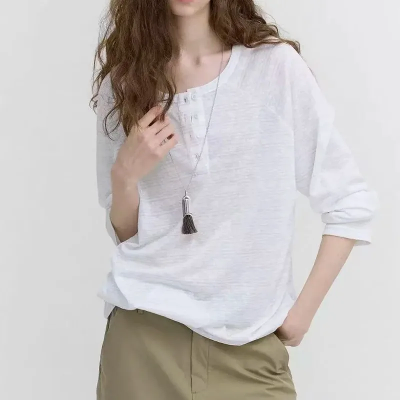 Nordic Lazy Women Cool Thin Stripe Ice Cotton Henley Neck Loose Long Sleeve Casual Blouse