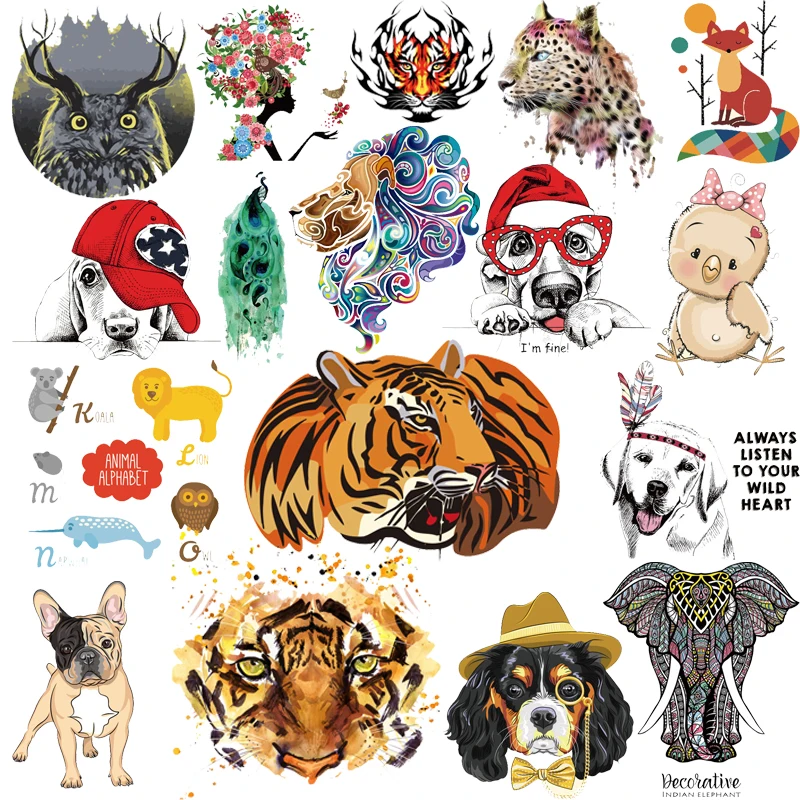 Cartoon Cute Animals Iron-on Transfers for Clothing Thermoadhesive Patches Cat Dog Fox Owl Stickers Appliques for Kids\' T-shirts