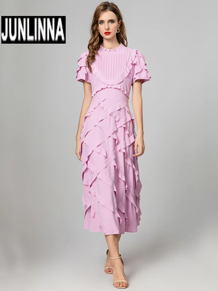 

JUNLINNA Fashionable Women Runway Dresses Summer O-Neck Short Sleeve Pleated Ruffles and Crossing Patchwork Party Holiday