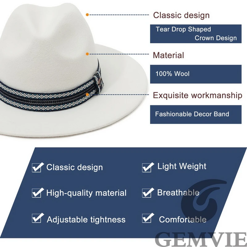 GEMVIE 100% Wool White Felt Fedora Hat for Women Men Wide Brim Fedoras Church Panama Hat