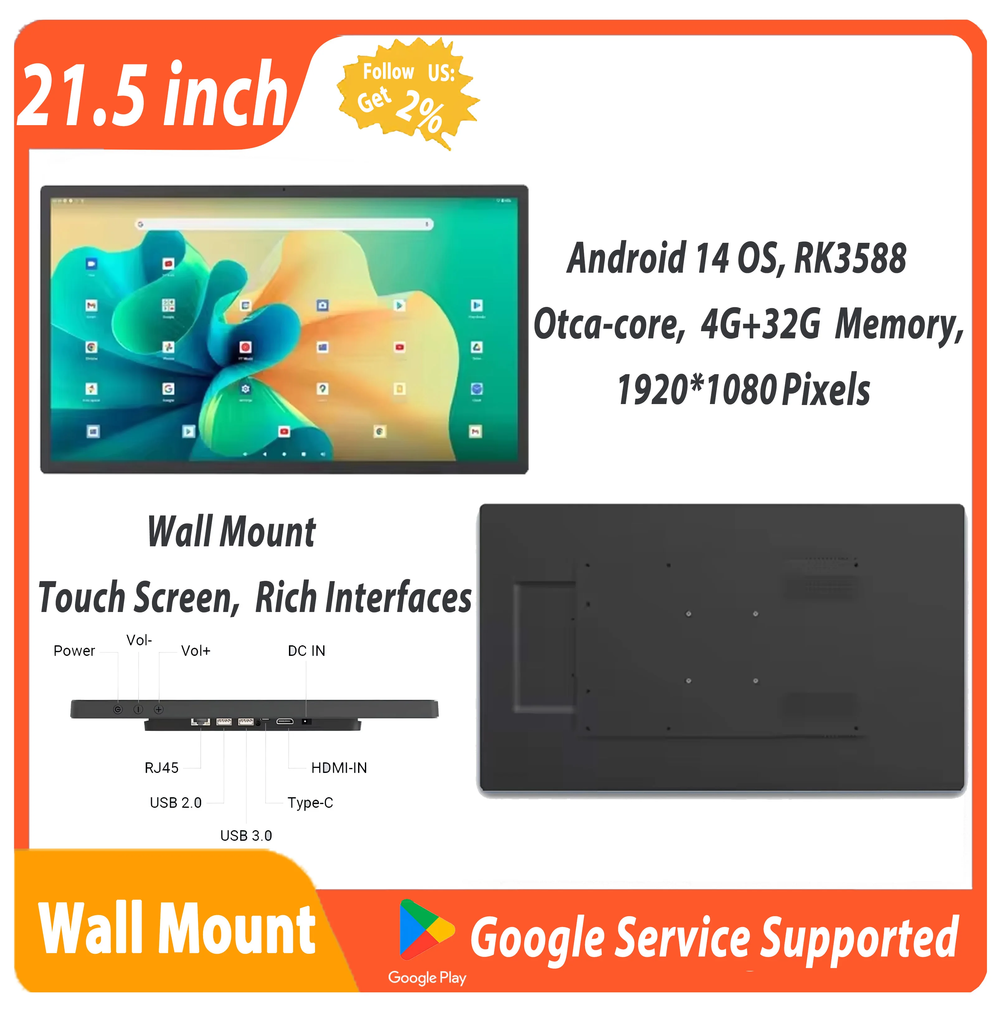 Thin Edge Android 13 Tablet 21.5 inch Wall mount Touch Screen 1920*1080 IPS HDMI Input Display POE 8MP Camera Digital Signage