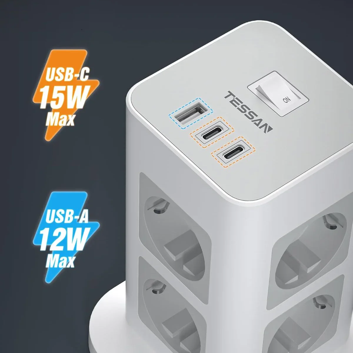 Imagem -03 - Tessan-tomada Múltipla Tomadas Usb tipo c Torre Vertical Cabo de Extensão Proteção contra Surge 2m