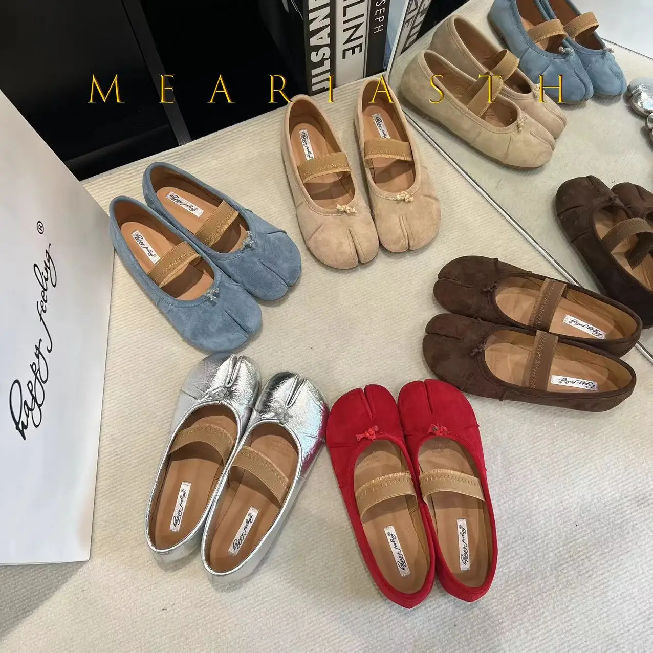 

Retro Korean Style Slip-On Ballet Split Toe Flat Shoes Soft Bottom Mary Janes Women's Low Heel Square Toe Velvet Summer Shoes